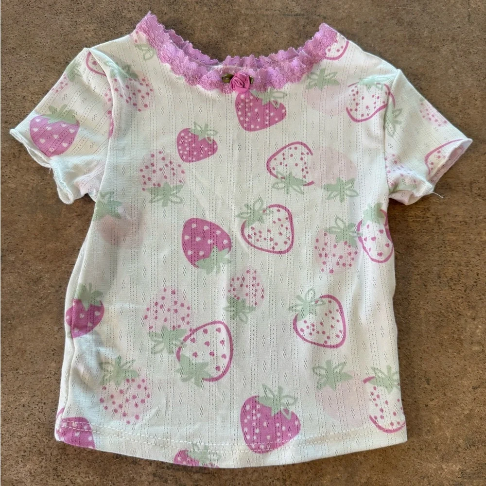 Btween Baby  Adorable Fun Pink & White Strawberry 2 Piece Lace Pajamas, Size 12M